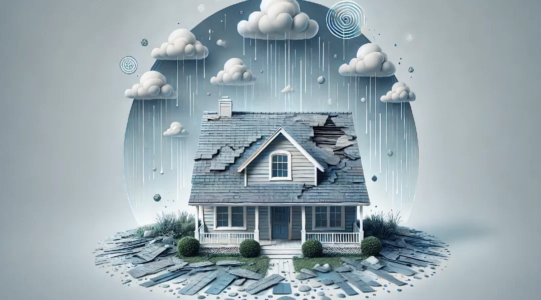 Depiction of shingles and roofing damage for replacement topics.