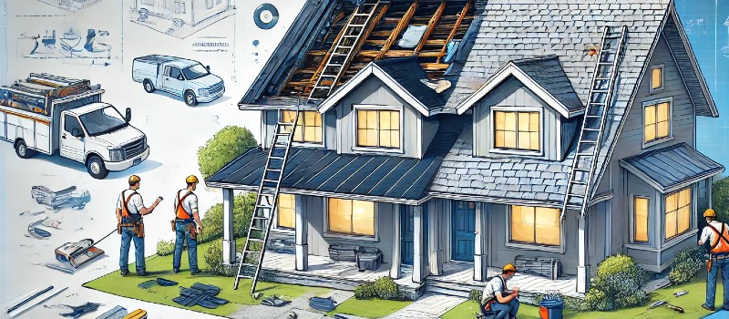 Illustration showing a residential roof and general roofing services.